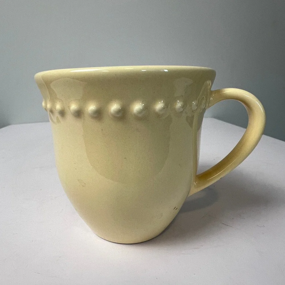 Pottery Barn Emma Coffee Mug Yellow Beaded Stoneware Portugal Farmhouse Cup Tea